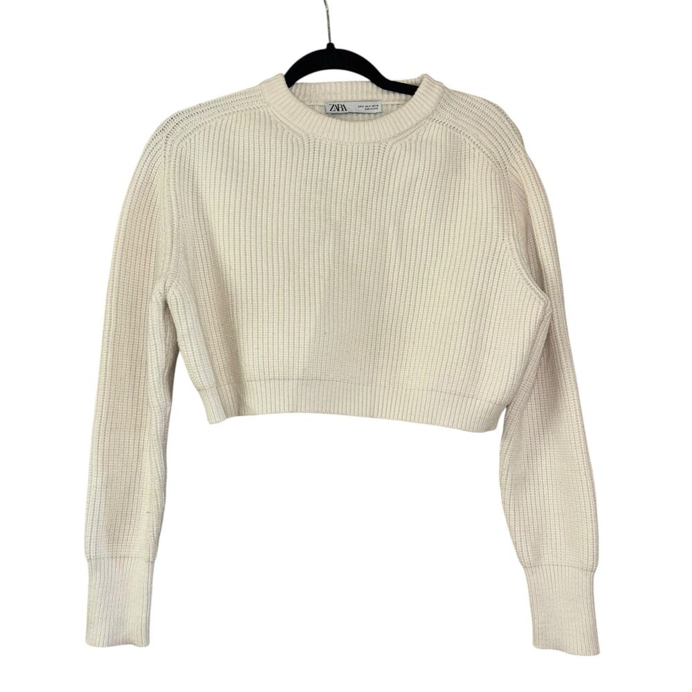 Zara White Cropped Knit Sweater Women’s S Winter Cozy Casual Minimalist Normcore
